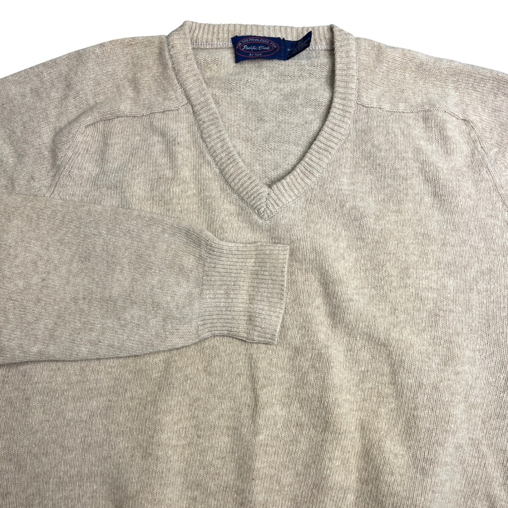 Pacific Club by NAK Mens XL V-Neck Sweater 100% Lambswool Tan Beige Knit